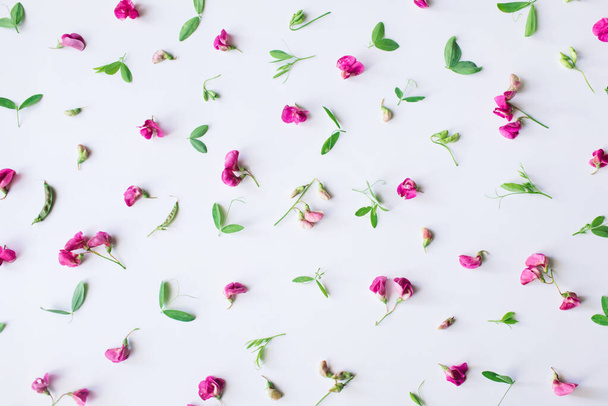 Flowers composition. Pattern made of pink flowers and leaves on white background. Spring, easter, summer concept. Flat lay, top view, copy space. - Photo, image