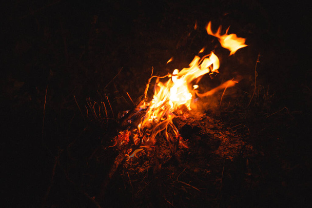 Camping tents and bonfires at night - Foto, afbeelding