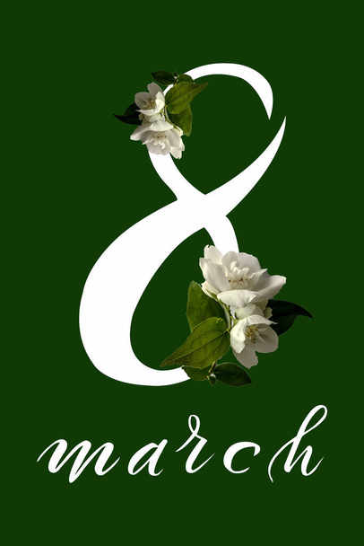 International Women's Day March 8! Flat Lay, banner, greeting card with flowers from March 8. - Фото, зображення