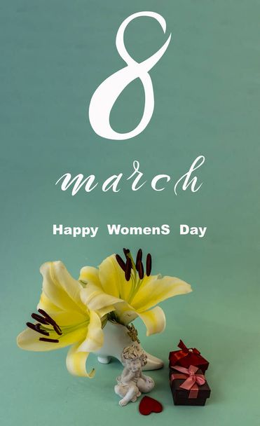 International Women's Day March 8! Flat Lay, banner, greeting card with flowers from March 8. - Fotoğraf, Görsel
