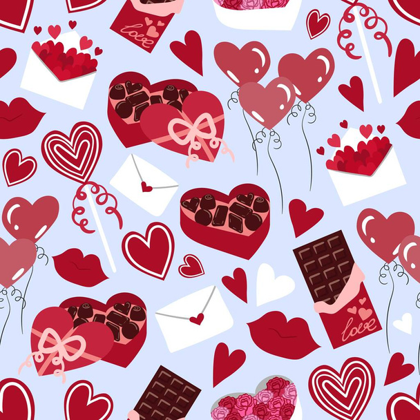 Seamless vector flat hearts pattern. Valentine's day background. Flat design. Endless chaotic texture of romantic elements. Hearts, balloons, candy, chocolate, lollipop, lips, envelope. - Vector, Image