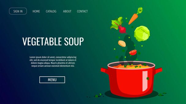 Website design for Healthy food and cooking, Natural products, Recipes, Online menu. Pan of soup and fresh vegetables. Vector illustration for poster, banner, menu, advertising, website, flyer. - Vector, Image