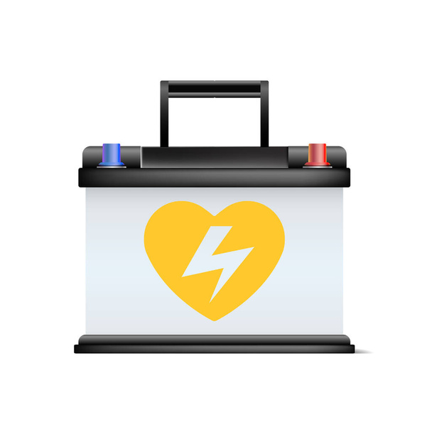 Realistic automobile battery. Promotion discount sale mock-up. Accumulator voltage advertisement. Heart a symbol of high voltage from love, warning pictogram. Have happy driving. Vector illustration. - Διάνυσμα, εικόνα