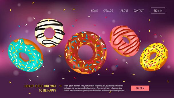 Donut Shop verkkosivun suunnittelu, Makeiset, Makeiset, Jälkiruoka, Makeiset. Joukko lentäviä donitseja eri keveillä. Vektori kuva juliste, banneri, verkkosivusto, kaupallinen, menu, lentolehtinen. - Vektori, kuva