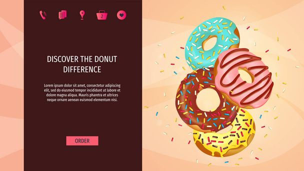 Web page design para Donut Shop, produtos doces, Padaria, Confeitaria, Sobremesa. Conjunto de donuts voadores com várias coberturas. Ilustração vetorial para cartaz, banner, site, comercial, menu, folheto. - Vetor, Imagem