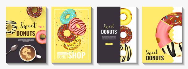 Set of flyers for Donut Shop, Sweet products, Bakery, Confectionery, Dessert. Donuts with various toppings. Vector illustration for posters, banners, flyers, commercial, menu, covers. - Vector, imagen