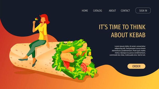 Fast food, Kebab, Koken concept. Kleine vrouw met enorme kebab met kip, tomaat, sla, frietjes. Vector illustratie voor poster, banner, flyer, menu, kaart, brochure. - Vector, afbeelding