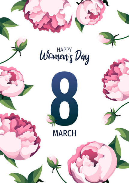 Banners for International Womens Day, 8 March with peonies. Vector illustrations for poster, postcard, flyer, card. - Vektor, kép