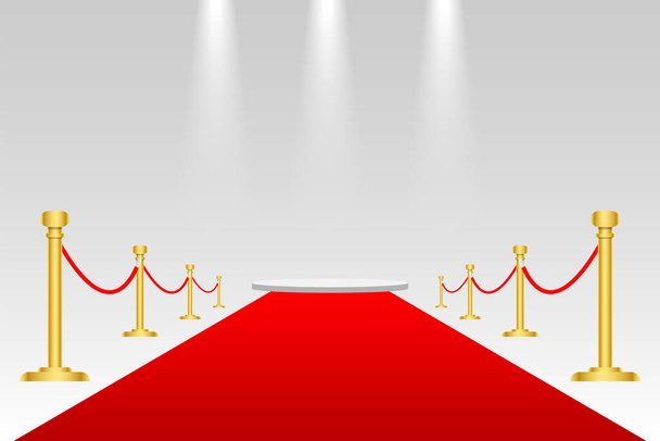 Red carpet and golden barriers VIP event, luxury celebration. Celebrity party entrance. Grand opening. Shiny fencing on transparent background. Cinema premiere - Vector, Imagen