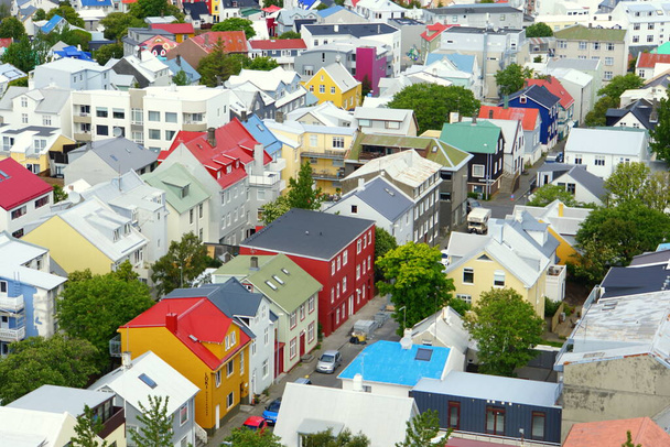 Reykjavik, Iceland - June 20, 2019 - The aerial view of colorful buildings and streets in the city - Photo, image