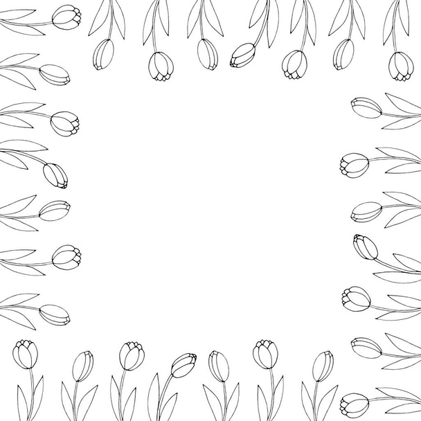 Vektorový čtvercový rám z tvarovaných tulipánových květů rostoucích podél okraje. Ručně kreslené čmáranice izolované. Pozadí, okraj, dekorace pro blahopřání, Valentýna, Dámské nebo Matka den, omalovánky. - Vektor, obrázek