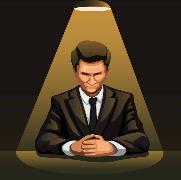 Портрет бизнесмена в центре внимания в темной комнате для концепции допроса в мультипликационном векторе - Вектор,изображение
