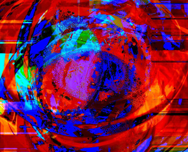 Abstrakter volumetrischer Hintergrund, 3D-Illustration, mit einer spektakulären Kombination aus Rot, Blau, Gelb, Grün und Schwarz, mit dunklen und hellen Akzenten. Ein modernes Image für Ihre Kunstprojekte, Illustrationen und Werke. - Foto, Bild