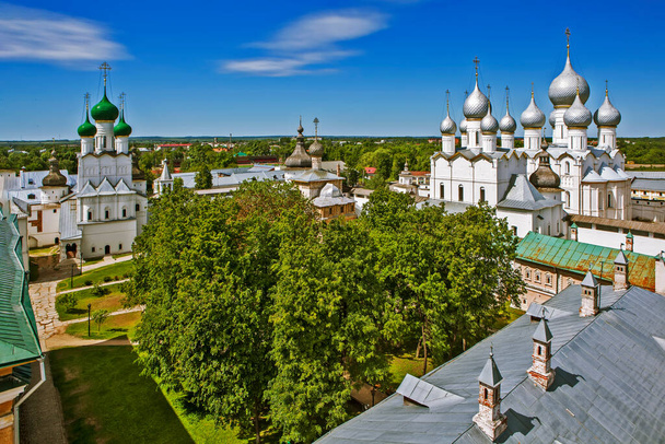 The Gate Church of the Resurrection of Christ and the Assumption Cathedral in the Rostov Kremlin. View from the Water Tower. Rostov the Great. Yaroslavskaya oblast. Gold ring of Russia. Russia.Date of shooting May 29, 2018 - Fotoğraf, Görsel