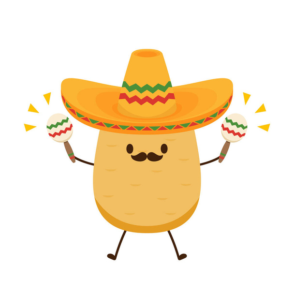 ジャガイモのキャラクターデザイン。ポテトベクトル。白い背景にジャガイモ。メキシコの帽子ベクトル. - ベクター画像