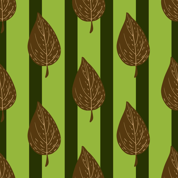 Autumn brown leaves seamless doodle pattern. Striped green background. Fall backdrop. Flat vector print for textile, fabric, giftwrap, wallpapers. Endless illustration. - Вектор, зображення