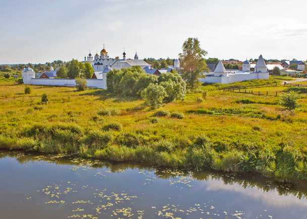 svěží zelená scéna s řekou, domy a kostelem - Fotografie, Obrázek