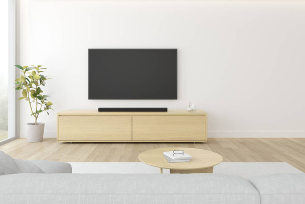 3D renderelés modern nappali kanapéval és lógó televízió képernyő fehér falon. - Fotó, kép