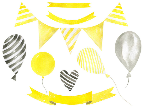 Святковий набір прапорів, кульок і стрічок на білому тлі Акварель ручна розмальована кліпарт на день народження
 - Фото, зображення
