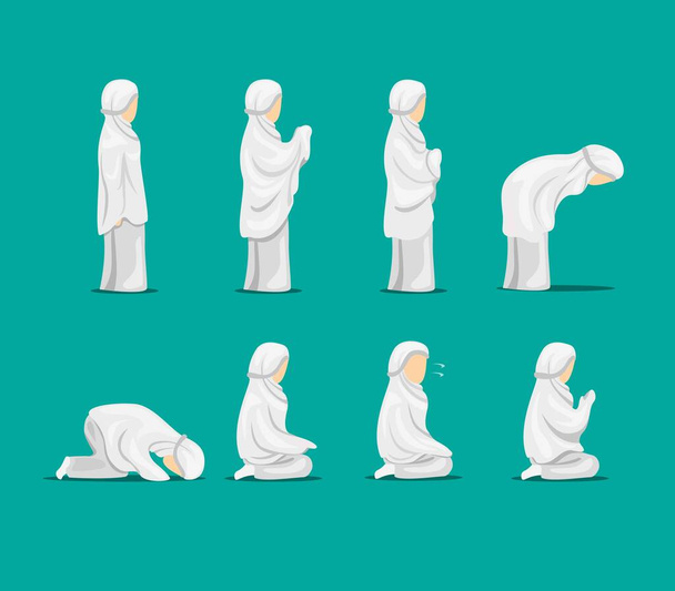 muslim femenino rezando posición paso símbolo de instrucción conjunto de iconos. concepto en la ilustración de dibujos animados vector - Vector, imagen