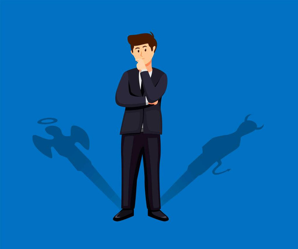 businessman standing with his devil and angel shadow. decision making concept in cartoon illustration vector - Vector, Image