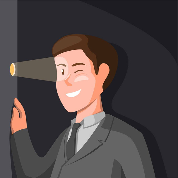 Homem de negócios a sair do buraco da porta. stalker símbolo conceito em desenho animado ilustração vetor  - Vetor, Imagem