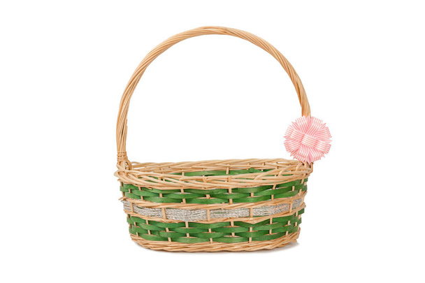 Empty wicker basket with ribbon isolated on white and clipping path - Photo, Image