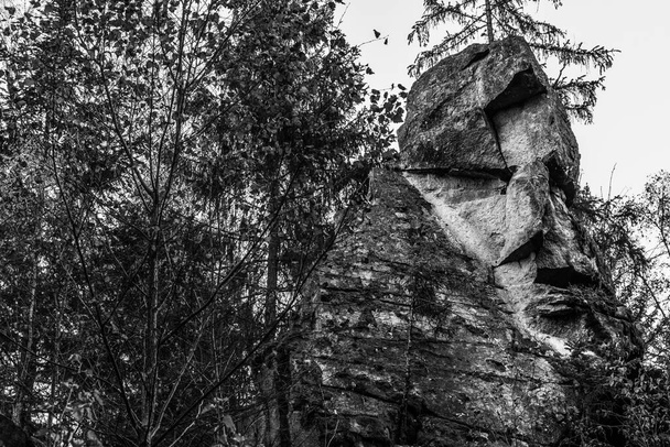 Черно-белый образ мистической рок-группы и каменной группы Teufelsstein рядом с Teufelsmuehle близ Раттенберга со скалой лицом или гримасой лица дьявола естественного происхождения и природного явления, Баварский лес - Фото, изображение