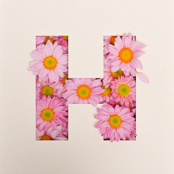 Lettertype ontwerp, abstracte alfabet lettertype met roze bloem, realistische bloemtypografie - H - Foto, afbeelding