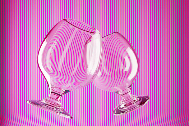Illustration 3d two glass goblets for cognac, whiskey on a pink background. realistic illustration of a pair of glasses for strong alcohol - Photo, Image