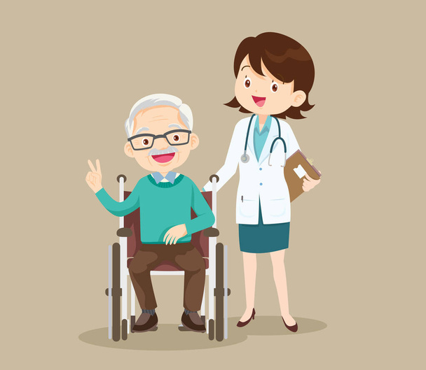 Gli anziani si siedono su una sedia a rotelle con il medico prendersi cura di loro. Badante attento prendersi cura del paziente - Vettoriali, immagini