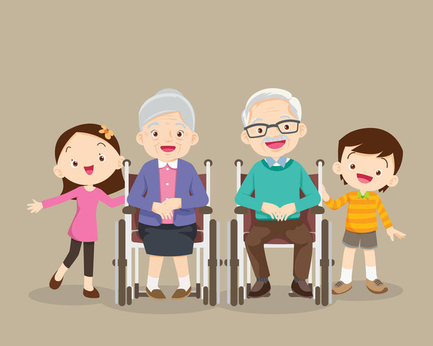 祖父母は孫と車椅子に座っていました。小さな男の子、 10代の女の子と幸せな高齢者は車椅子で幸せになる、祖父母と孫.  - ベクター画像