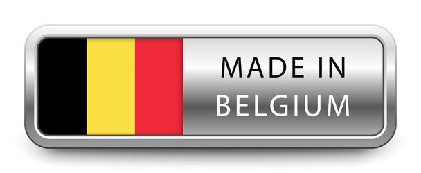 MADE IN BELGIEN Metallic-Abzeichen mit Nationalflagge auf weißem Hintergrund. Vektorillustration. - Vektor, Bild
