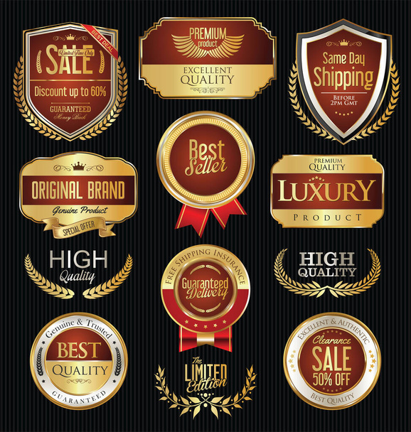 Collection of golden badges labels and tags - Διάνυσμα, εικόνα