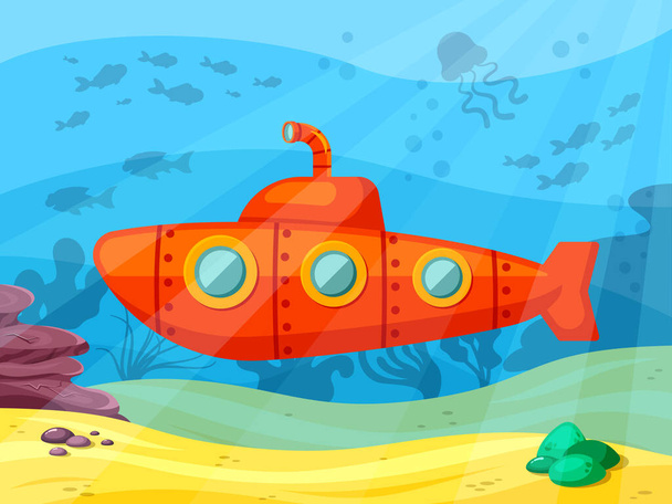 Submarine explores ocean depths illustration. Red bathyscaphe with extended periscope sails in coral reef and studies marine fauna scientific underwater discoveries and travels. Vector cartoon depth. - ベクター画像