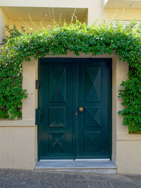 casa elegante entrada externa porta verde com arco de folhagem - Foto, Imagem