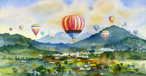 Aquarela paisagem pintura colorida de balonismo na aldeia, montanha na vista Panorama e emoção sociedade rural, natureza primavera no fundo do céu. Ilustração semi abstrata pintada à mão na Ásia. - Foto, Imagem