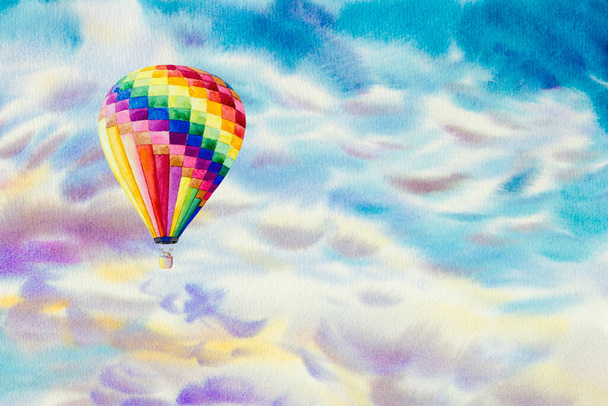 Υδατογραφία πίνακες θερμού αέρα μπαλόνια στον ουρανό σύννεφο πολύχρωμο του κλίματος, γαλάζιο ομορφιά στον αέρα και αφηρημένη φόντο. Χειροποίητος ιμπρεσιονιστής. - Φωτογραφία, εικόνα