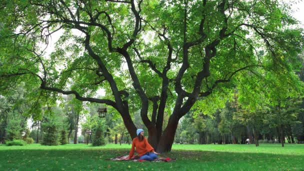 Glückliche Frau im Herbst-Outfit streckt Hände auf karierter Decke im Park aus - Filmmaterial, Video