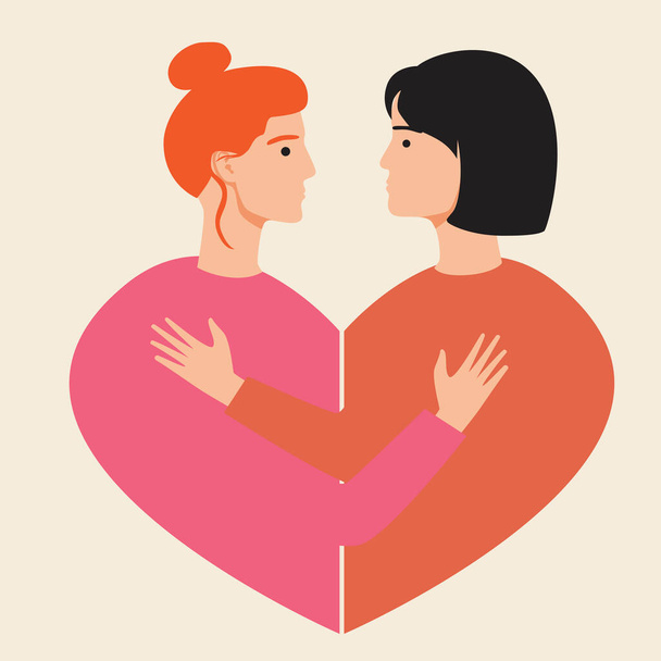 Couple hugging, isolated lesbian. Flat vector stock illustration. LGBTQ people are hugging. Lesbian and woman embrace one another. Romantic me illustration with lgbtq couple, heart - Vetor, Imagem