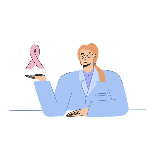Arzt Onkologe mit einem Schild rosa Schleife. Vector Charakter professionelle Krankenhauspersonal. Weibliche Cartoon-Flachbild-Konzept isoliert auf weißem Hintergrund. Medizinisches Gesundheitskonzept. - Vektor, Bild