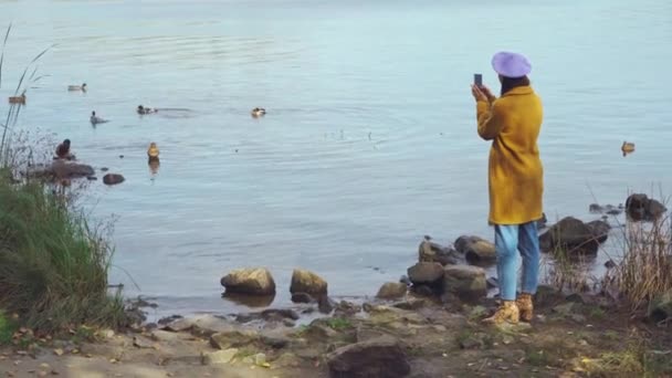 mujer en ropa de otoño tomar fotos en el teléfono inteligente cerca del lago con patos - Imágenes, Vídeo