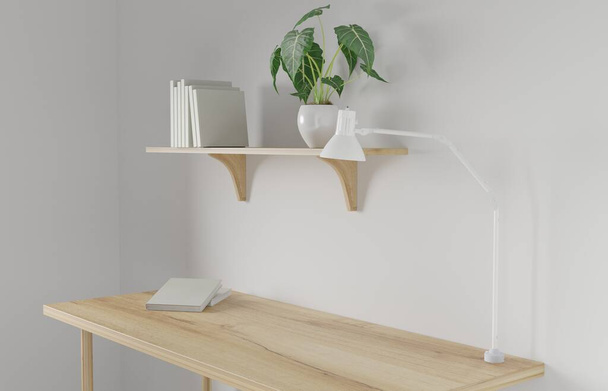 3D render Çalışma masası ve beyaz arkaplan rafı. Boş kitap, masa lambası ve rafta yeşil bitki. En az çalışma alanı. duvar konsepti şablonu. - Fotoğraf, Görsel