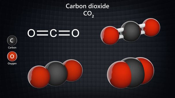 O dióxido de carbono (fórmula CO2) é um gás incolor e inodoro. É formado no processo de respiração. Modelo da estrutura química: bola e vara + bolas + espaço-enchimento. Ilustração 3D. - Foto, Imagem