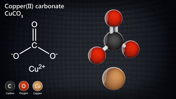 Bakır (II) karbonat veya küprik karbonat formülü CuCO3 olan kimyasal bir bileşiktir. Kimyasal yapı modeli, top ve sopa. 3B illüstrasyon. - Fotoğraf, Görsel