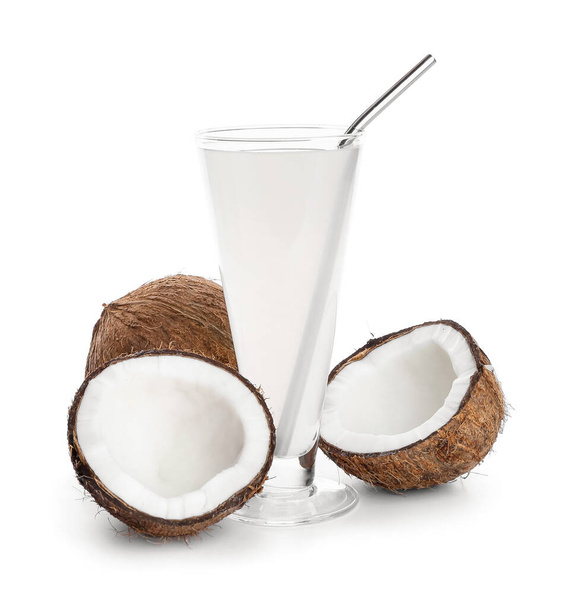 Glass of fresh coconut water on white background - Photo, Image