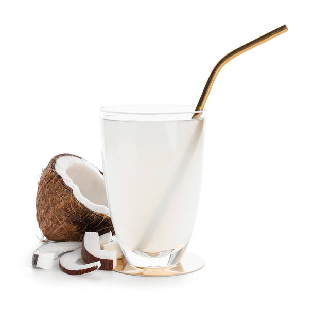 Glass of fresh coconut water on white background - Fotoğraf, Görsel