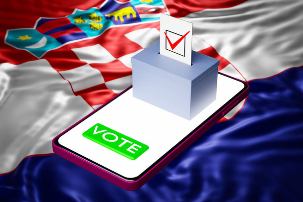Arkasında Hırvatistan 'ın ulusal bayrağı bulunan akıllı bir telefonun üzerinde reklam panosu bulunan bir oy sandığının 3D çizimi. Çevrimiçi oylama kavramı, seçimlerin dijital hale getirilmesi - Fotoğraf, Görsel