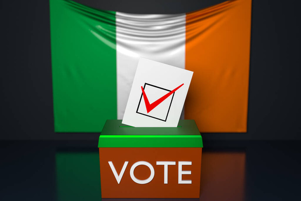 投票箱または投票箱の3Dイラストで、その中に投票札が上から落ち、背景にアイルランドの国旗が描かれています。投票と選択の概念 - 写真・画像