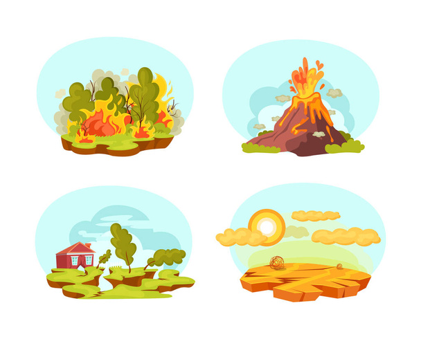 Natural disasters set. Wild landscape volcanic eruption, earthquake, forest fires, drought desert. Burning forest fires with burning trees. Drought disaster, water depletion cartoon vector - Vettoriali, immagini